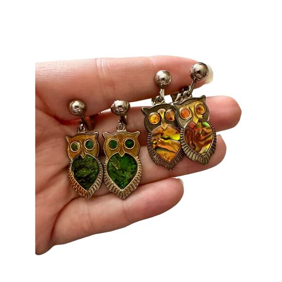 Vintage Owl Clip On Earrings Abalone Shell Yellow Set - Picture 6 of 6